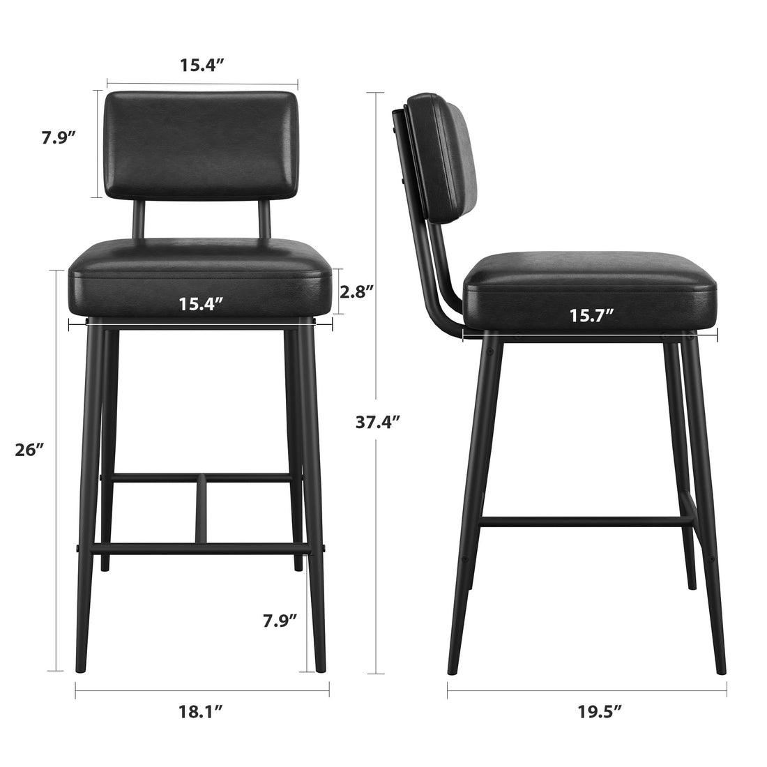 Garvee Ensemble de 2 tabourets de bar, 66 cm, revêtement en similicuir, dossier ergonomique, pieds en métal, pour îlot de cuisine, Noir