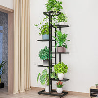 Support à plantes Garvee à 7 niveaux avec 8 pots, en métal, pieds réglables, pour intérieur et balcon, gain de place, noir