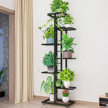 Support à plantes Garvee à 7 niveaux avec 8 pots, en métal, pieds réglables, pour intérieur et balcon, gain de place, noir