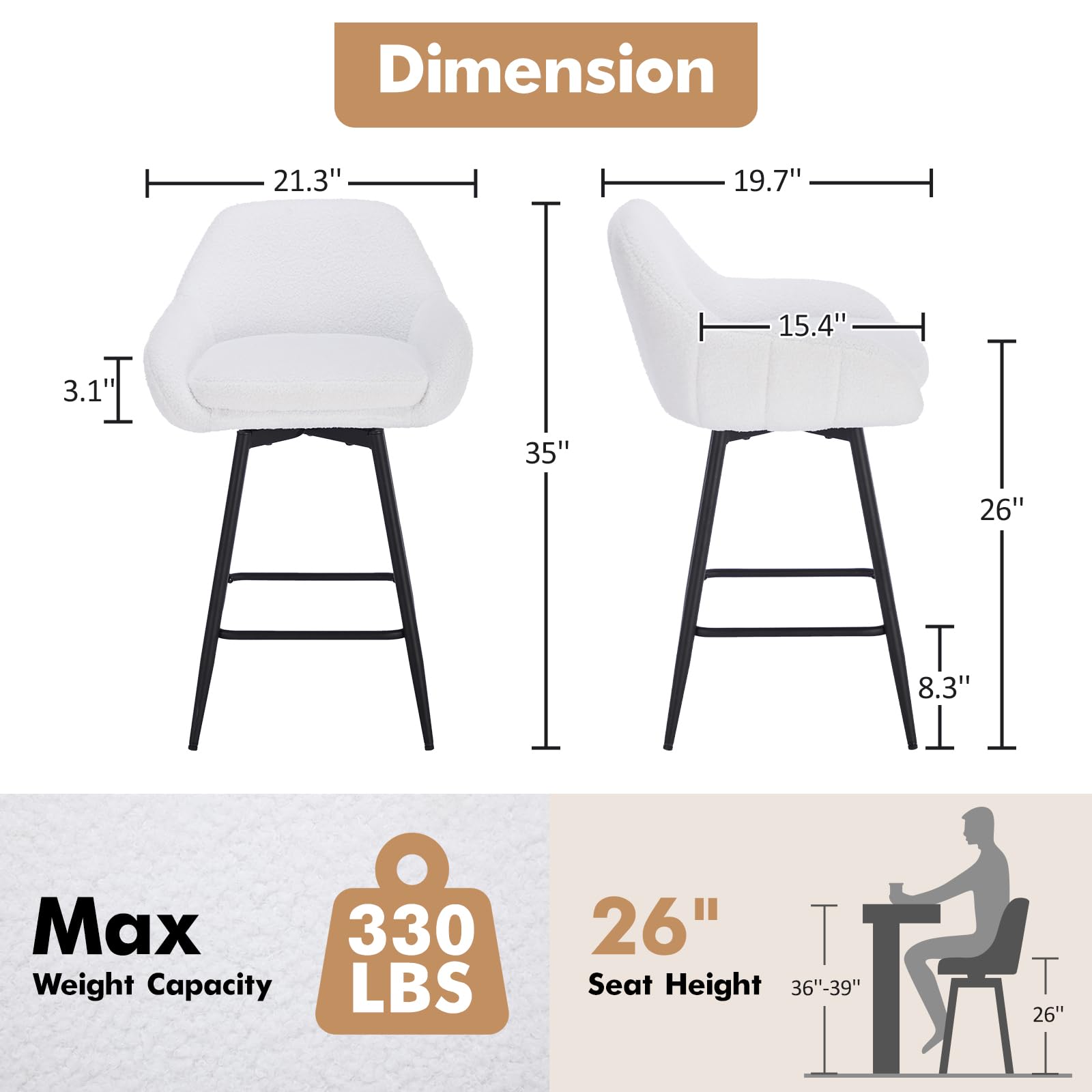 Tabourets de bar pivotants modernes Garvee, lot de 2, revêtement en tissu sherpa et pieds en métal, 66 cm (26 pouces), noirs