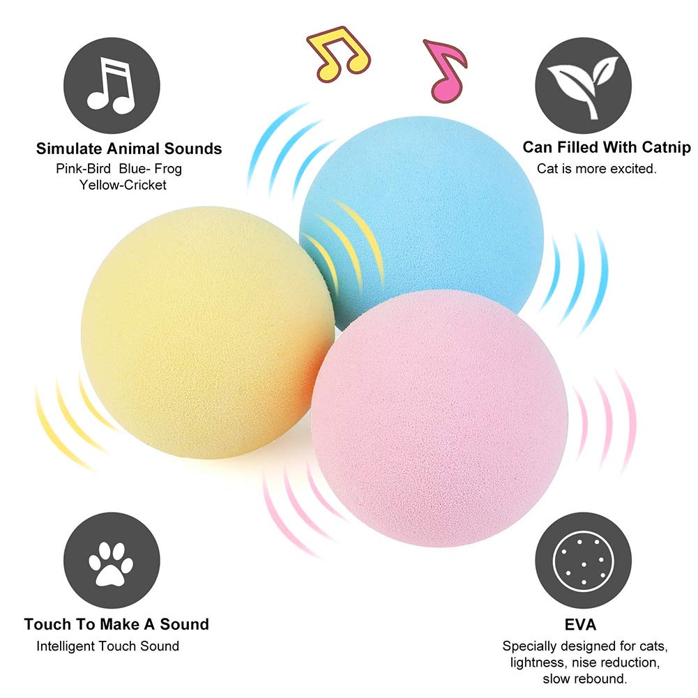 GARVEE Ensemble de 3 jouets pour chat, 50 mm, balles interactives avec sons d'animaux, silicone EVA, jaune, bleu, rose