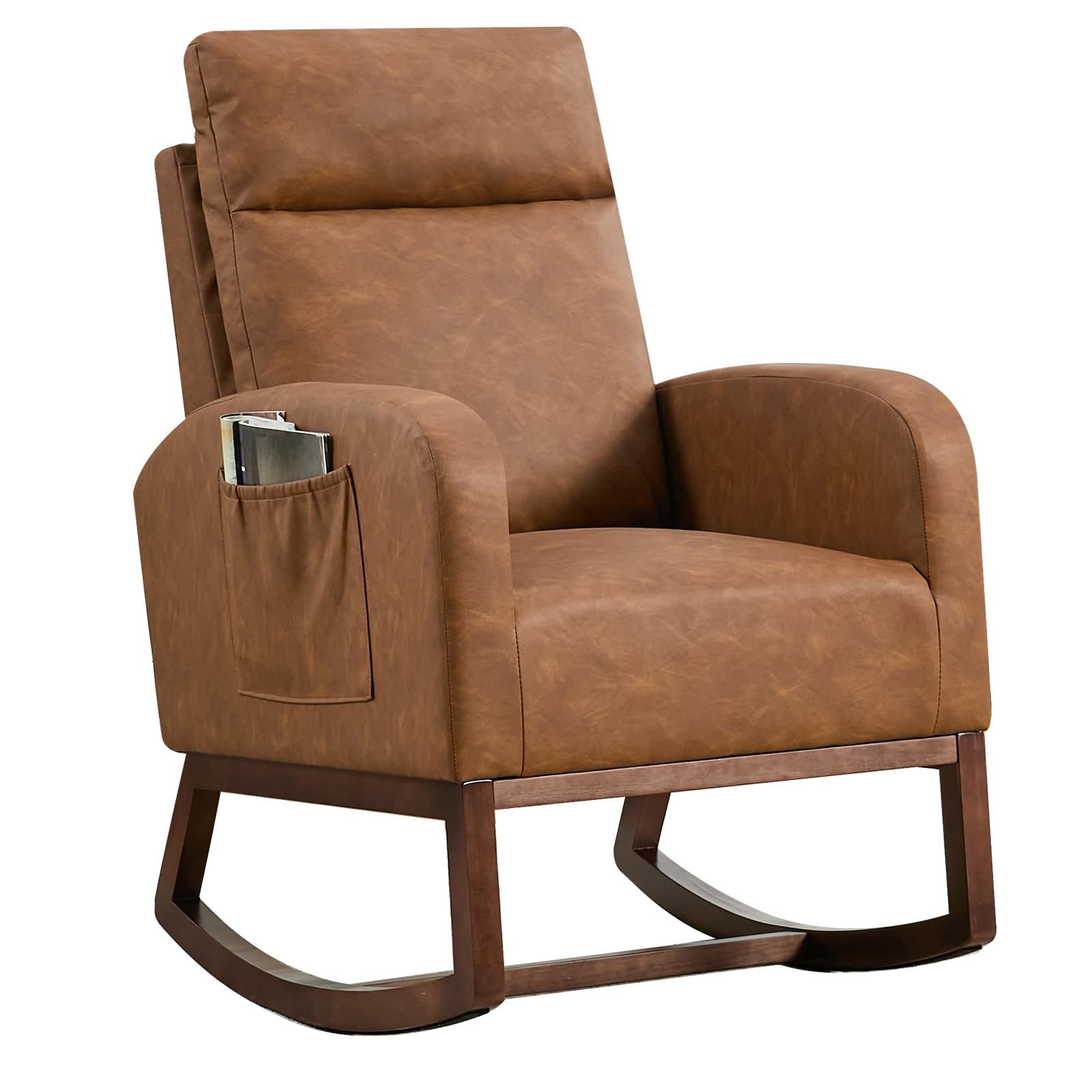 Fauteuil à bascule moderne Garvee pour chambre d'enfant, en cuir PU, avec dossier haut de 66 cm, ergonomique et stable, et poche latérale, noir. Idéal pour le salon et la chambre.