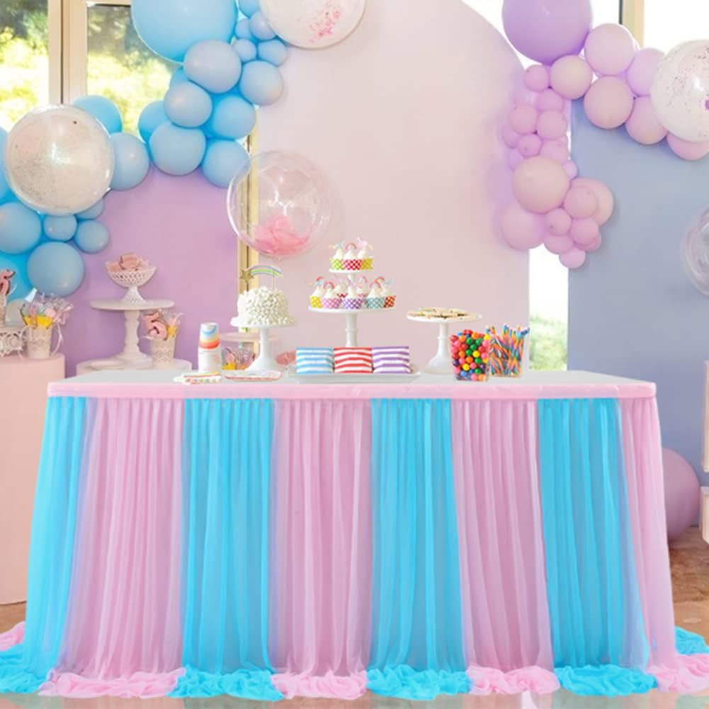 Jupe de table en tulle Garvee Monouso rose et bleu - Protection de table douce et réutilisable pour mariages et fêtes, 1,8 m/2,7 m/4,2 m, élégante et festive