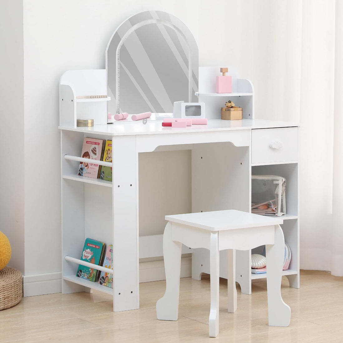 Coiffeuse Garvee pour enfants avec lumière LED et tabouret, réglable, MDF, blanche, pour filles de 3 à 9 ans, salle de jeux et chambre
