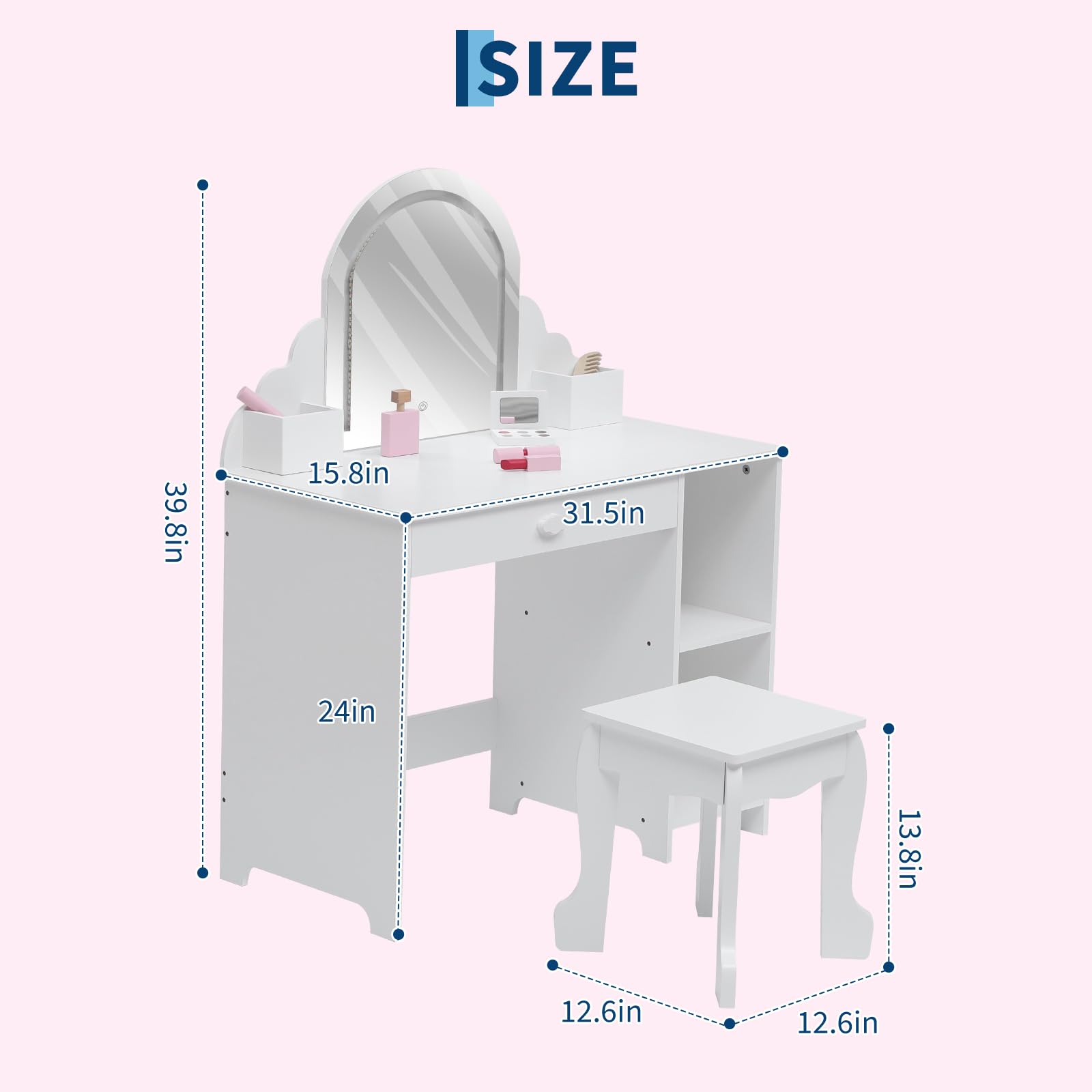 Garvee Coiffeuse Enfant avec Miroir LED et Tabouret, pour Filles 3–9 Ans, MDF Sûr, Éclairage Réglable, Grand Rangement, Blanc