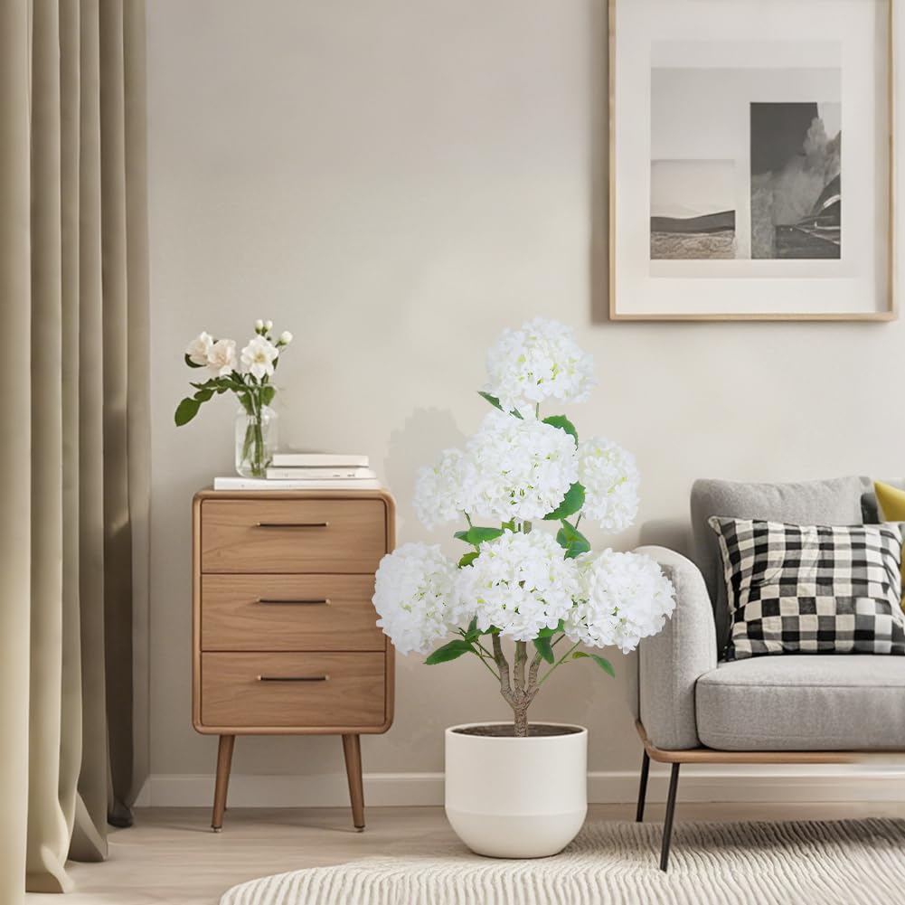 Hortensia artificiel Garvee de 90 cm avec pot en ciment robuste, blanc réaliste, idéal pour mariages et bureaux.