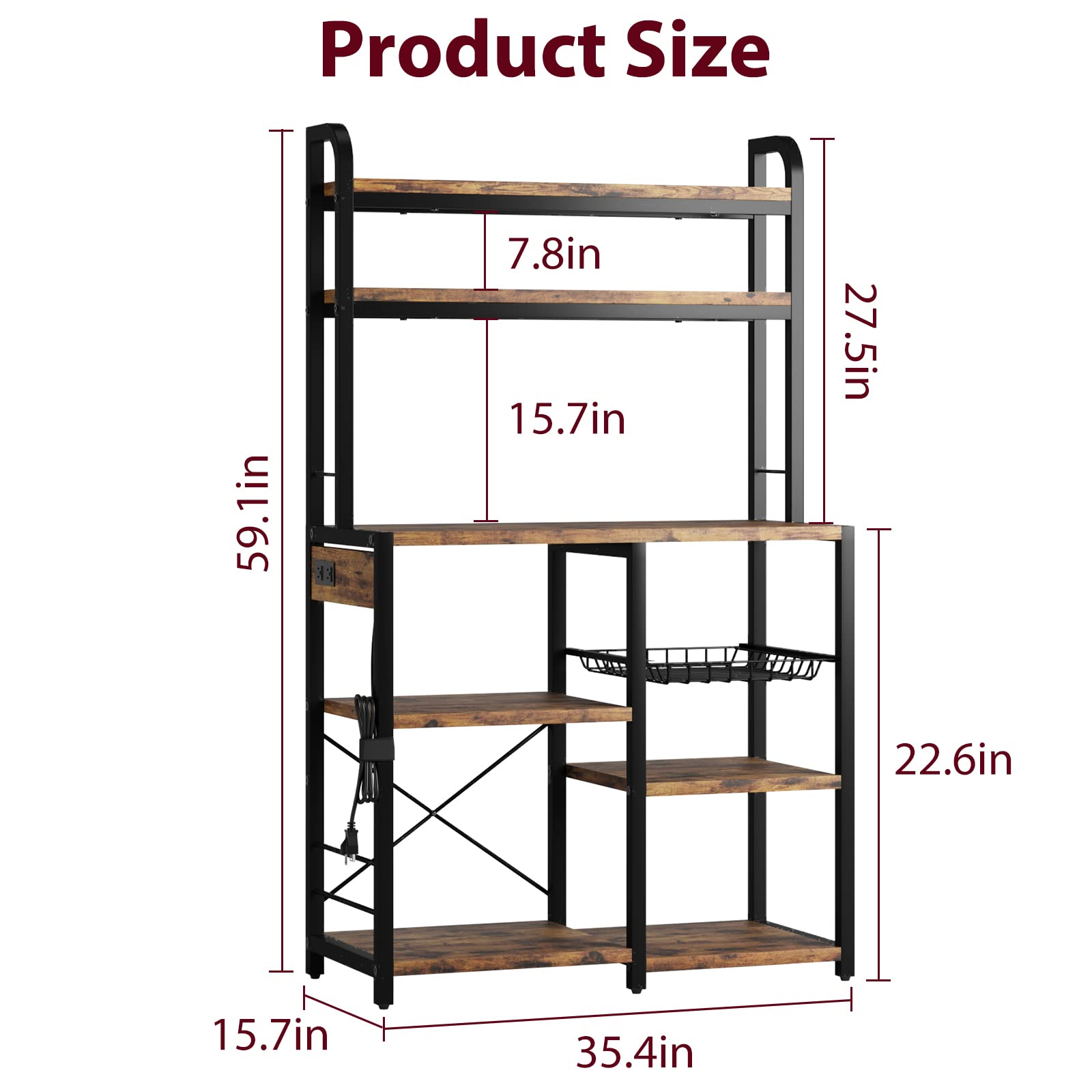 Étagère de boulanger Garvee avec 2 supports, panier à 5 niveaux en fil métallique, bois et métal, pour cuisine et coin café, 90 x 40 x 150 cm, robuste et polyvalente