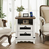 Garvee table d’appoint style campagne avec 2 tiroirs et 2 ports USB, marron et blanche, pour chambre et salon