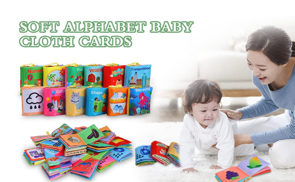 Coffret de 12 livres d'éveil en tissu Garvee Baby, en coton lavable, doux et non toxique, idéal pour les bébés et les jeunes enfants. 10,5 x 10,5 cm. Idéal comme cadeau.