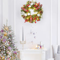 Couronne de Noël GARVEE 45 cm avec 15 lumières LED, pommes de pin et baies pour décorer portes et fenêtres, matériaux naturels, style champêtre festif
