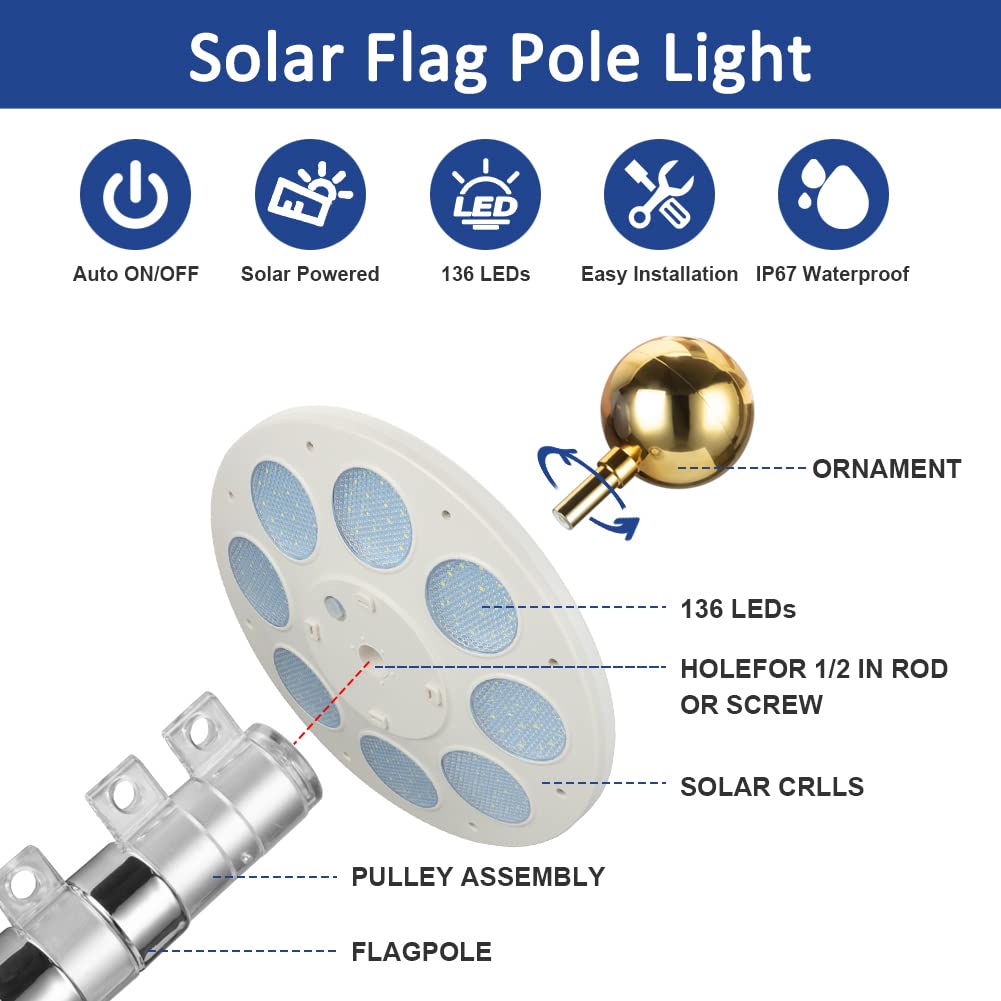 Lampe solaire pour mât de drapeau Garvee, 136 LED ultra-lumineuses, IP67, ABS résistant aux intempéries, pour jardin extérieur de 4,5 à 7,5 m.