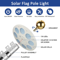 Lampe solaire pour mât de drapeau Garvee, 136 LED ultra-lumineuses, IP67, ABS résistant aux intempéries, pour jardin extérieur de 4,5 à 7,5 m.