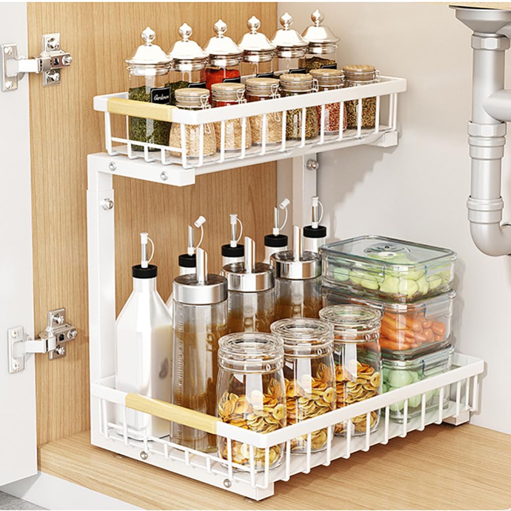 Étagères extensibles sous évier Garvee, en métal, réglables en hauteur, pour cuisine et salle de bain, noires, en forme de L