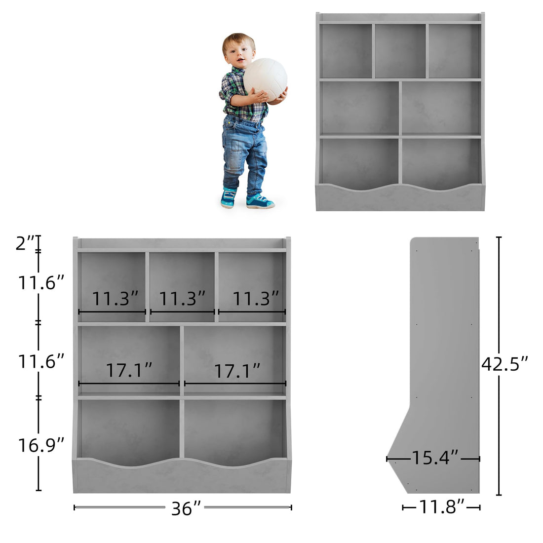 Garvee Meuble de rangement pour jouets gris pour enfants, étagère à 3 niveaux, anti-basculement, 5 étagères, chambre et salle de jeux, bois, gris