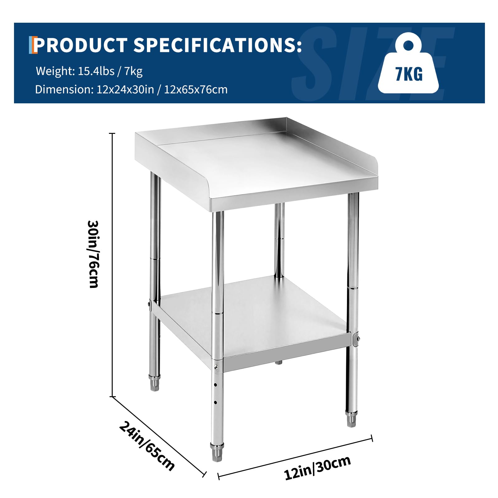 Table de grillade Garvee en acier inoxydable, hauteur réglable, 30 x 60 x 75 cm, capacité de charge de 180 kg, certifiée NSF, pour usage commercial et domestique, construction robuste, argent