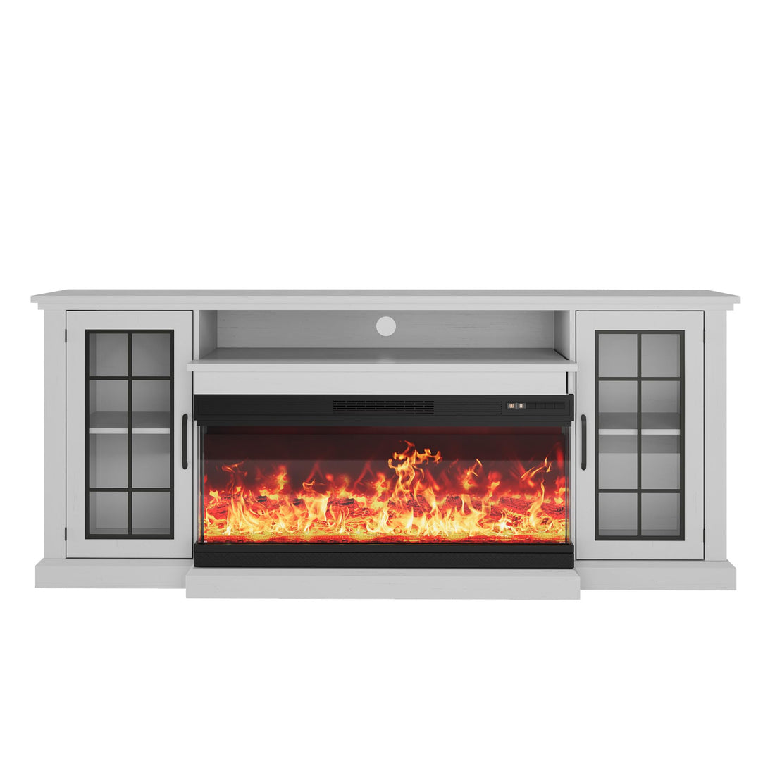 Meuble TV cheminée Garvee 75" avec façade en verre sur 3 côtés, éclairage LED flamme réglable, blanc, pour salon, panneaux de particules et MDF, façade en verre et rangement