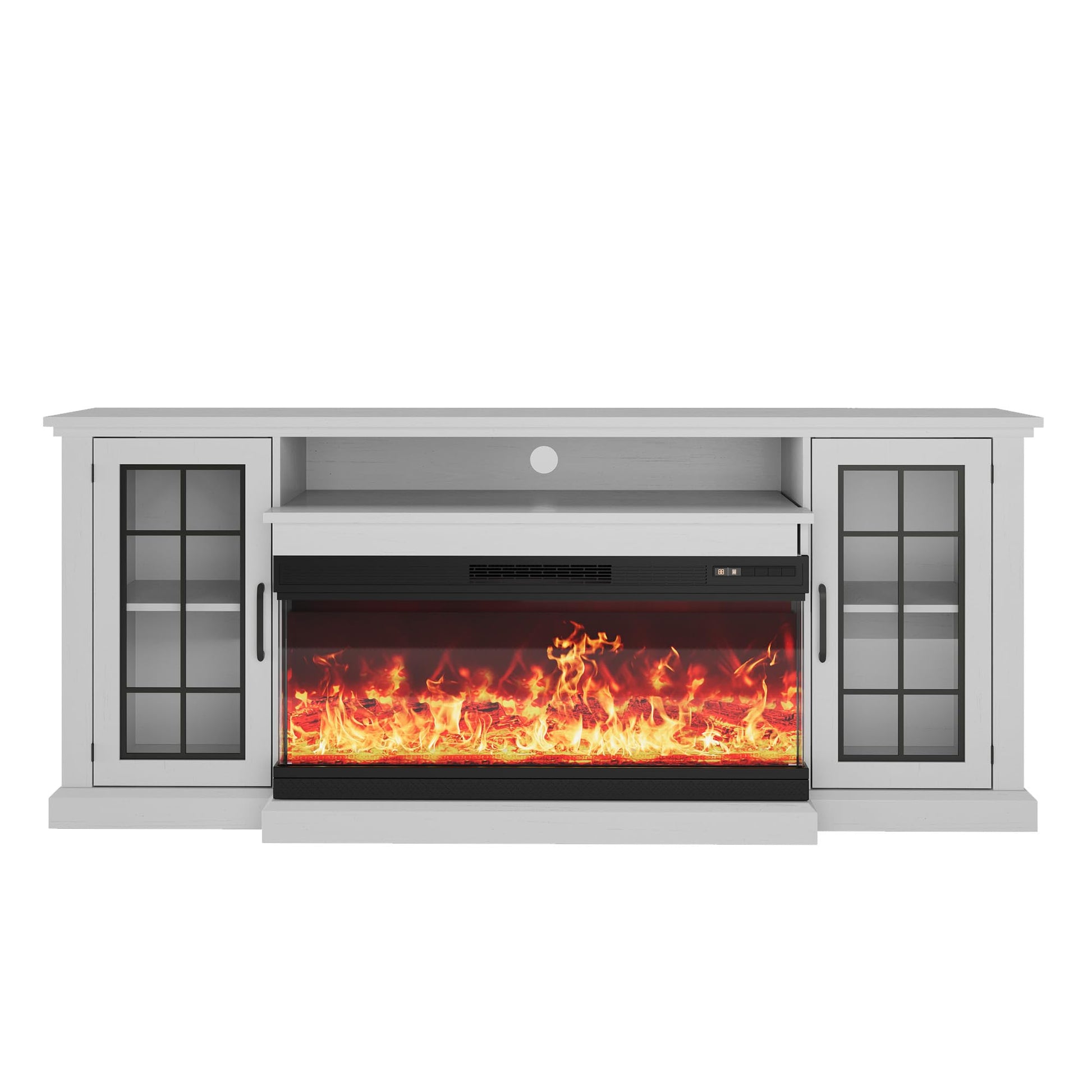 Meuble TV cheminée Garvee 75" avec façade en verre sur 3 côtés, éclairage LED flamme réglable, blanc, pour salon, panneaux de particules et MDF, façade en verre et rangement