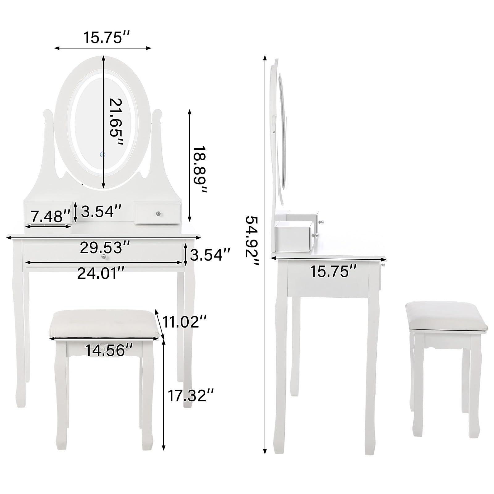 Coiffeuse Garvee avec miroir ovale et éclairage LED, 5 tiroirs, bois, pivotante à 360°, blanche, chambre moderne