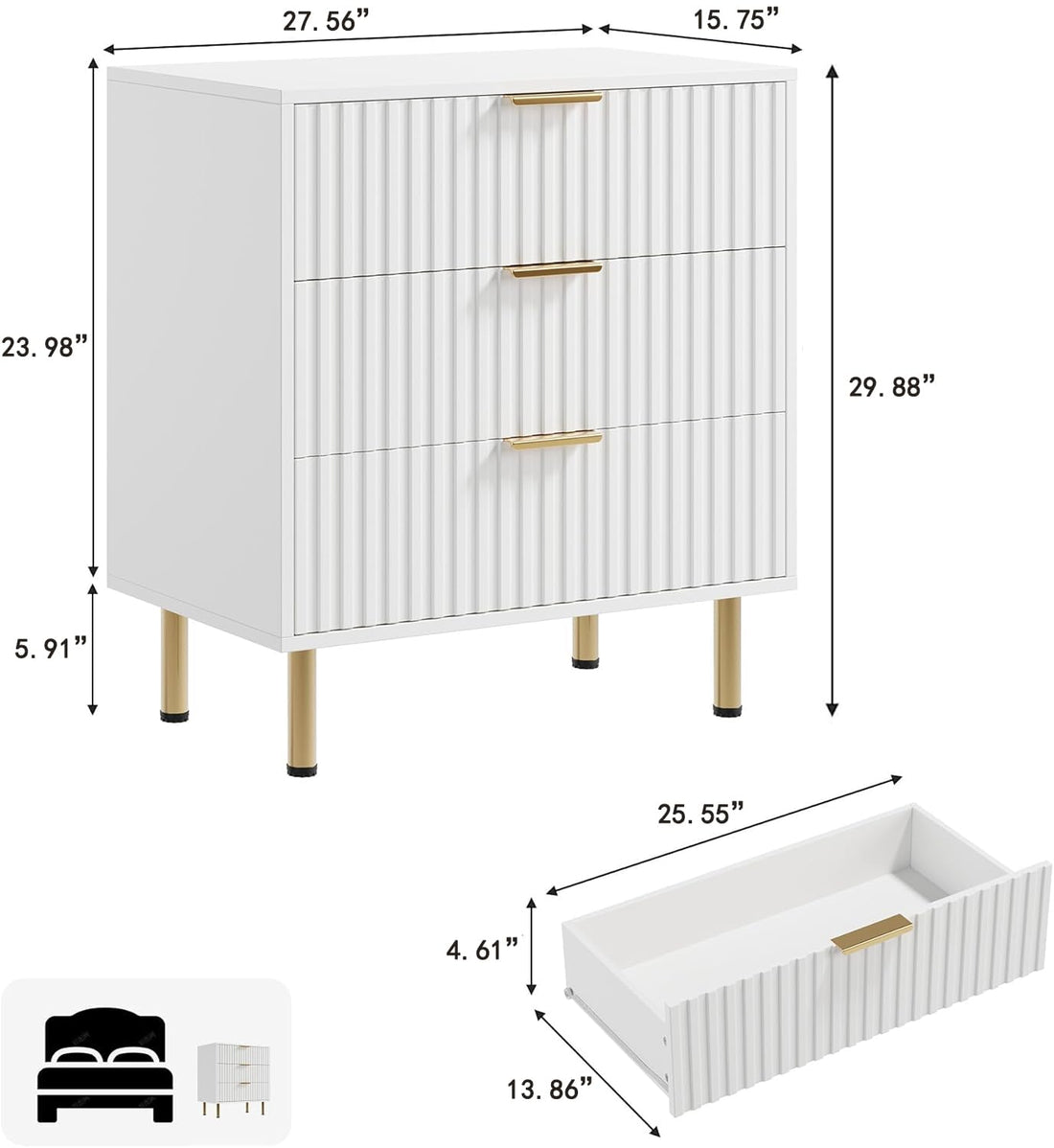 Garvee commode blanche à 3 tiroirs, MDF moderne cannelé, résistant à l'eau, pour salon, chambre, chambre d'enfant