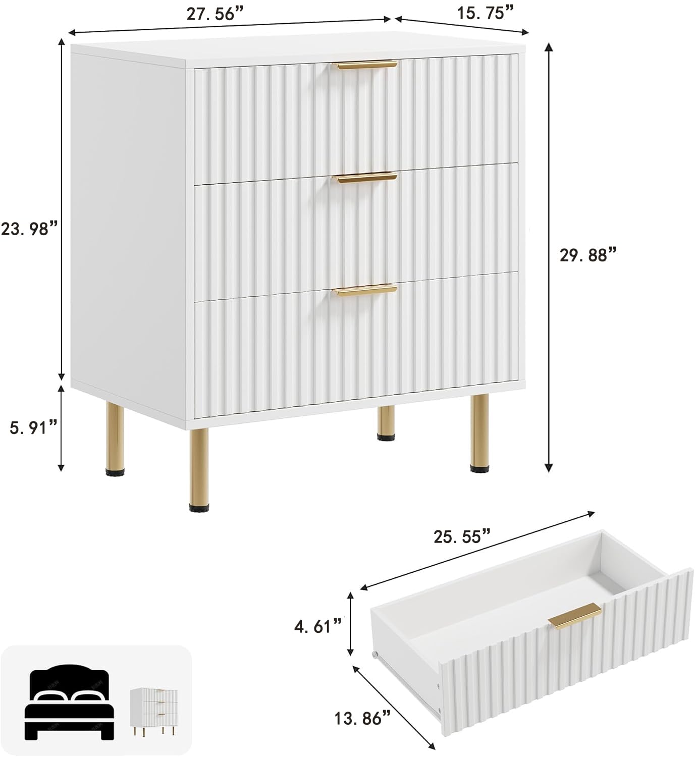 Commode Garvee blanche à 3 tiroirs, MDF moderne cannelé, résistant à l'eau, pour salon, chambre, chambre d'enfant