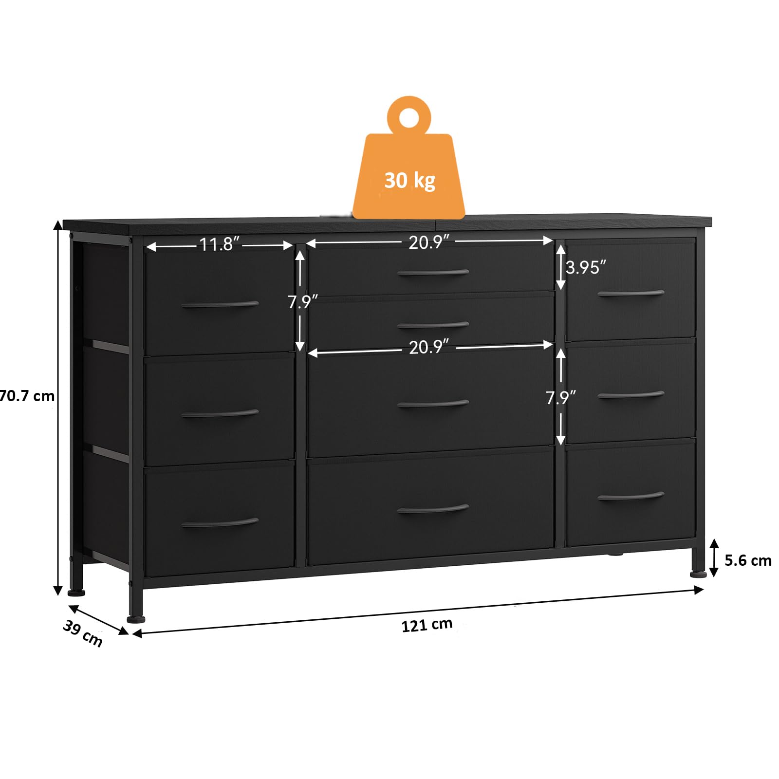 Commode industrielle Garvee à 10 tiroirs, métal et MDF, idéale pour les chambres d'enfants, 121 x 39 x 70 cm, multicolore
