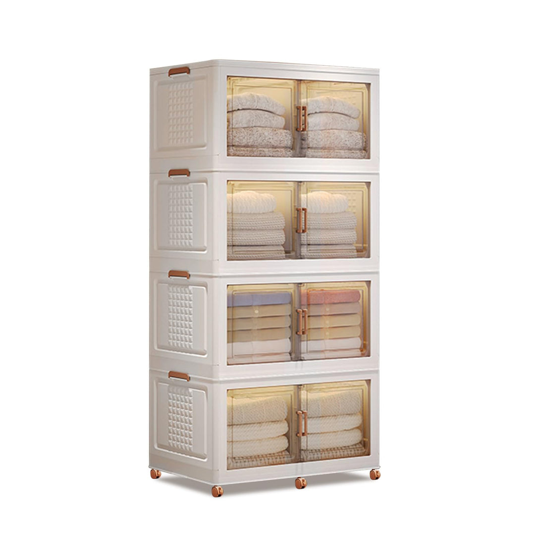Boîtes de rangement empilables en plastique Garvee, lot de 4, 144 QT, avec portes et roulettes, transparentes, pour chambre et garage