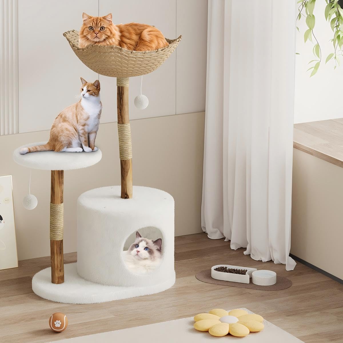 Arbre à chat Garvee moderne en bois véritable pour grands chats, bois de poirier de luxe, 109 cm, blanc, pour salon, avec poteaux à griffer et tapis résistants aux intempéries