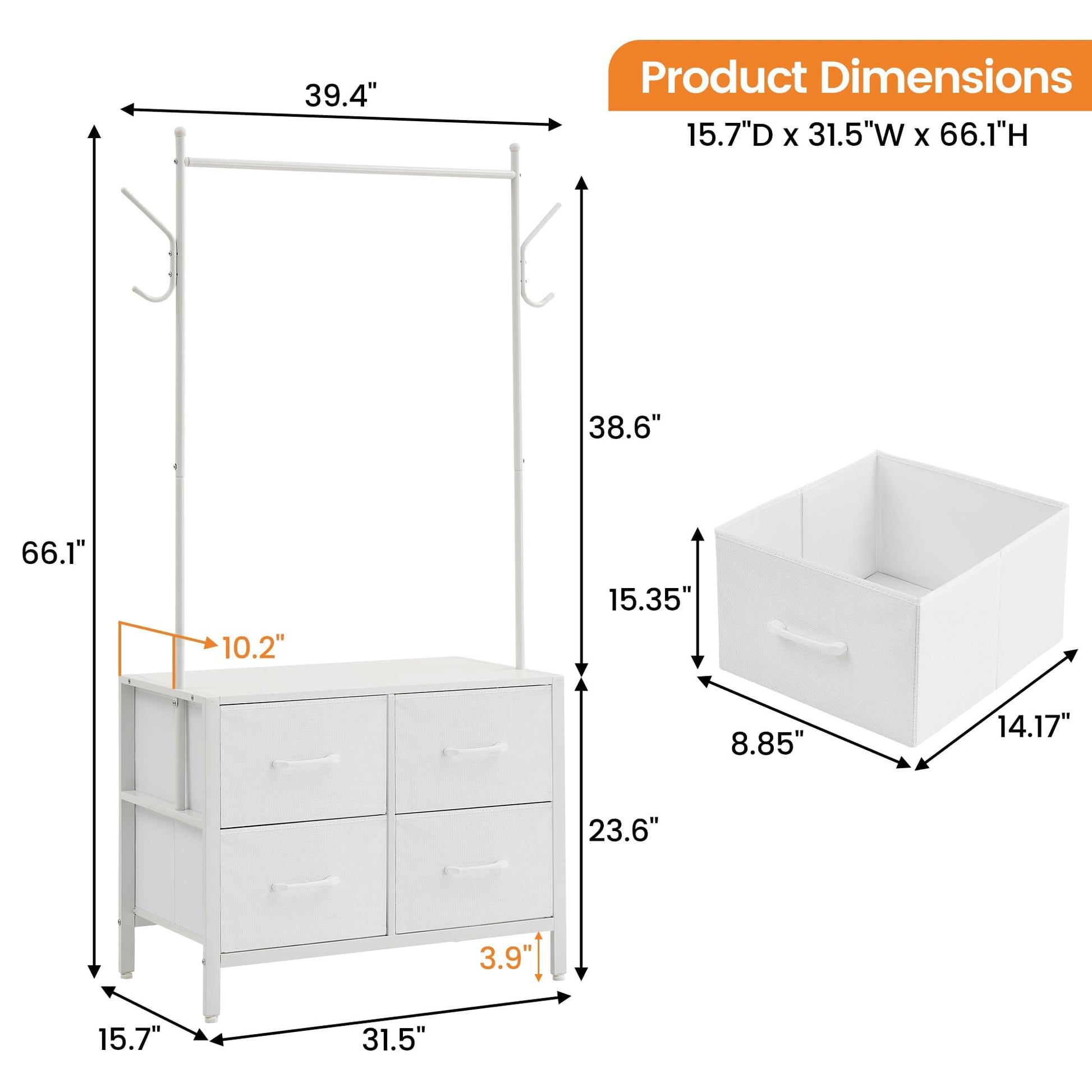 Portant à vêtements Garvee à 4 tiroirs, structure en métal et plateau en bois, pour chambre et couloir, blanc, robuste et polyvalent