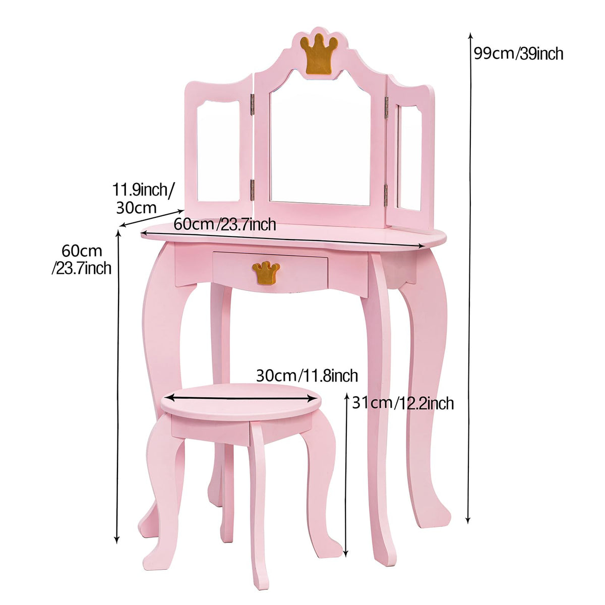 Garvee Coiffeuse pour enfants avec miroir triptyque et tabouret, bureau de maquillage princesse 2 en 1 en bois, ensemble de jeu d'imitation pour tout-petits, Rose