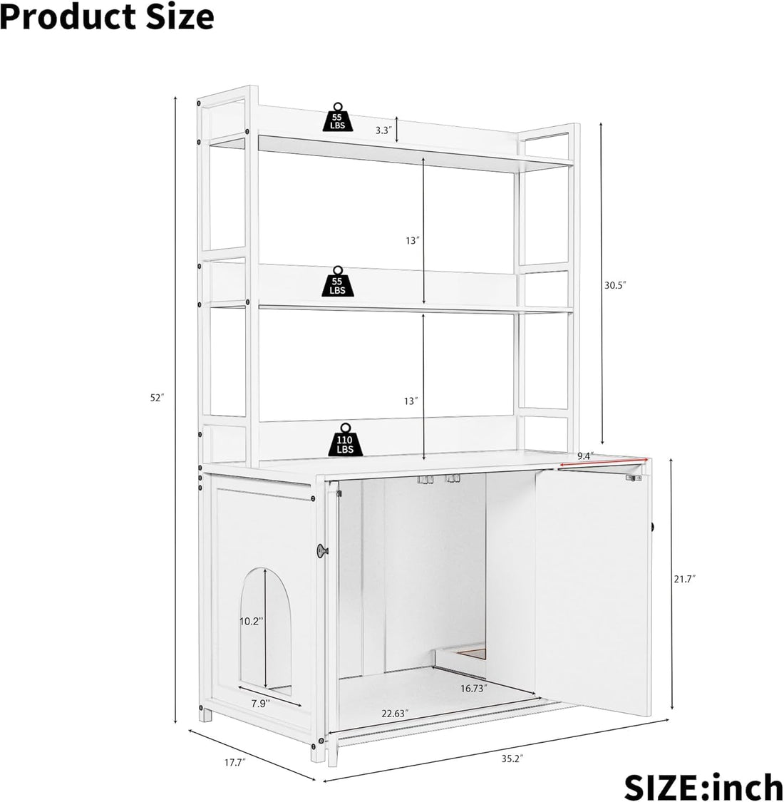 Garvee enclos pour bac à litière avec 2 portes et griffoir, MDF et acier, 3 étagères, blanc, pour le salon et la chambre, 57 cm × 42 cm × 55 cm
