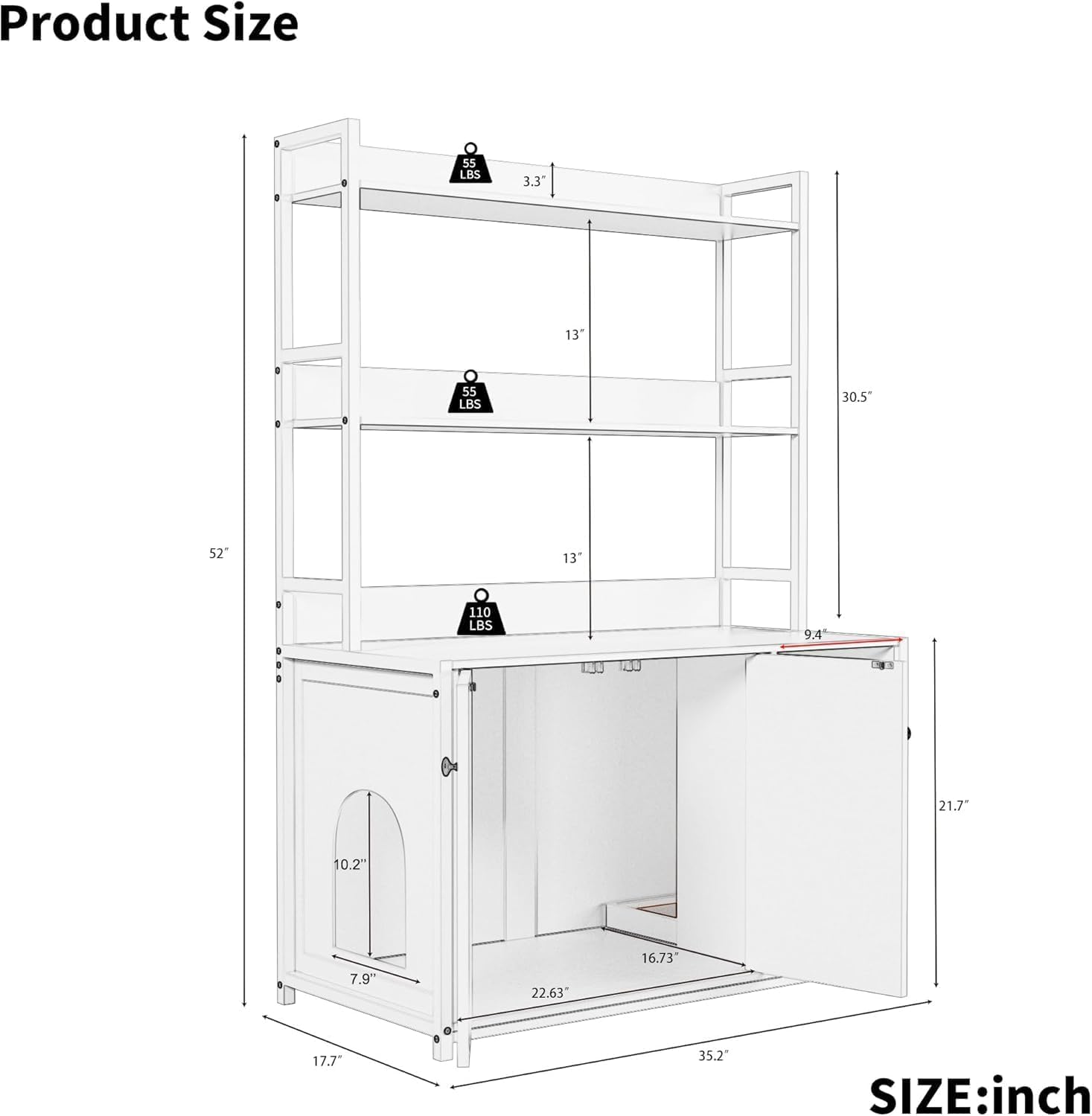 Garvee enclos pour bac à litière avec 2 portes et griffoir, MDF et acier, 3 étagères, blanc, pour le salon et la chambre, 57 cm × 42 cm × 55 cm