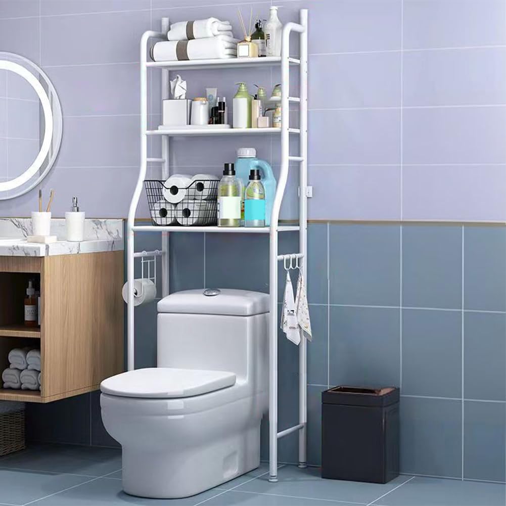 Étagère de salle de bain autoportante à 3 niveaux Garvee en métal avec crochets et porte-papier toilette, blanche, gain de place.