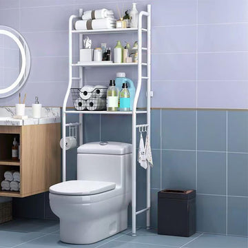 Étagère de salle de bain autoportante à 3 niveaux Garvee en métal avec crochets et porte-papier toilette, blanche, gain de place.