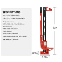 Garvee Cric agricole haute levée 84 cm en acier, capacité 3 tonnes, cric tout-terrain rouge pour 4 × 4, quad, levage, traction et dépannage agricole