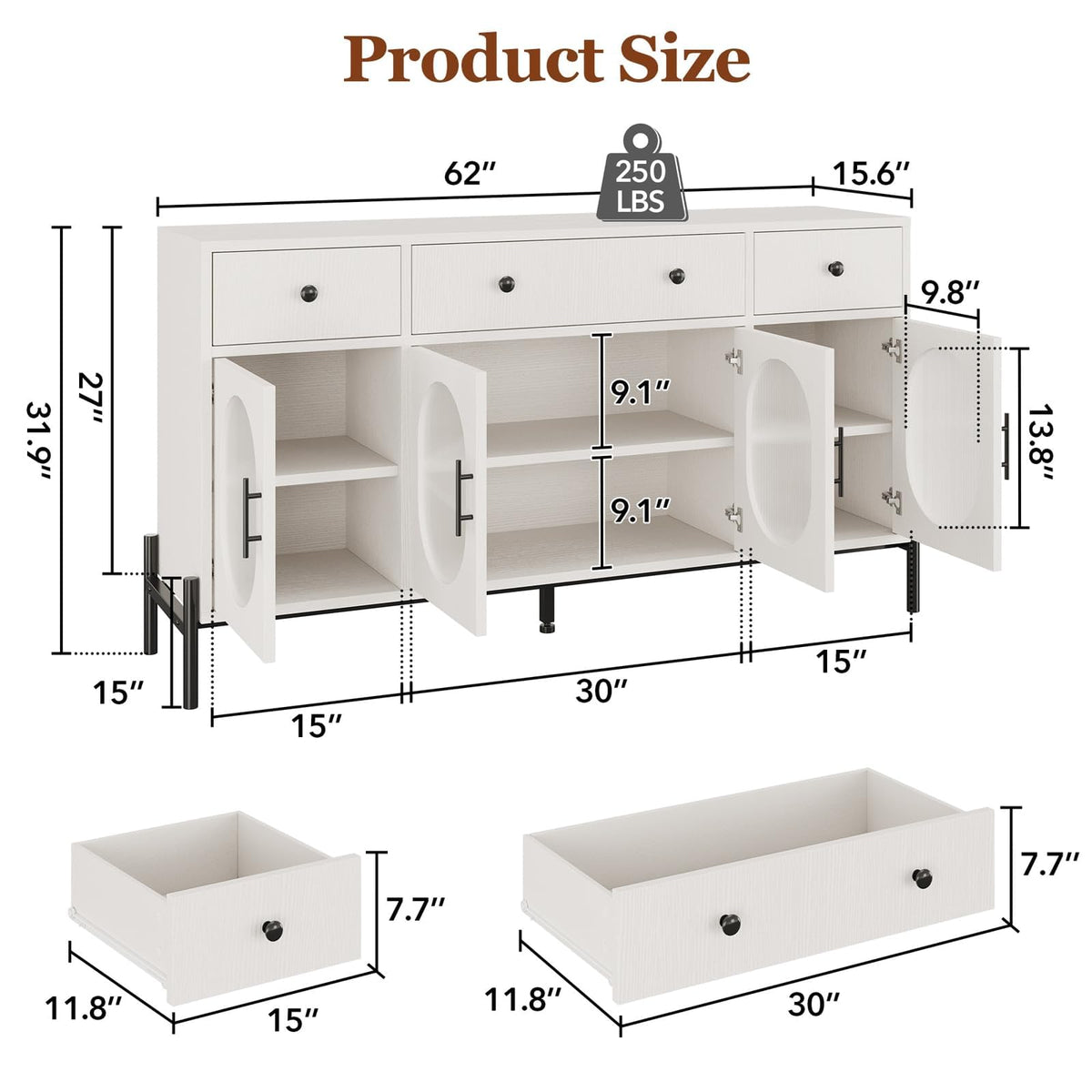 Buffet Garvee 62'' avec rangement, 3 tiroirs, 4 portes vitrées cannelées pour cuisine et salle à manger, bois et métal, robuste et polyvalent