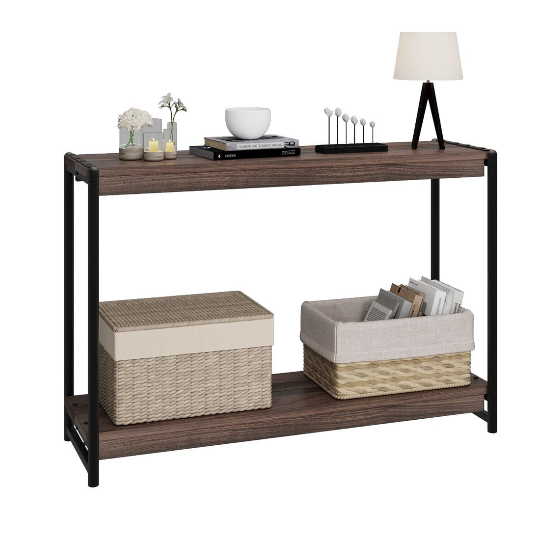 Console étroite Garvee 39,5 po pour couloir, 2 niveaux, panneaux de particules et aluminium, style rustique-moderne, polyvalente, salon et entrée
