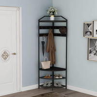 Porte-manteau d'angle Garvee avec rangement, métal, protection anti-basculement, étagères en maille, autoportant, noir pour couloir et chambre