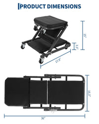 Siège d'atelier Garvee Z-Creeper 36" à 6 roues, pliable, structure en acier, rembourré, pour atelier et réparation automobile, 36 pouces, noir