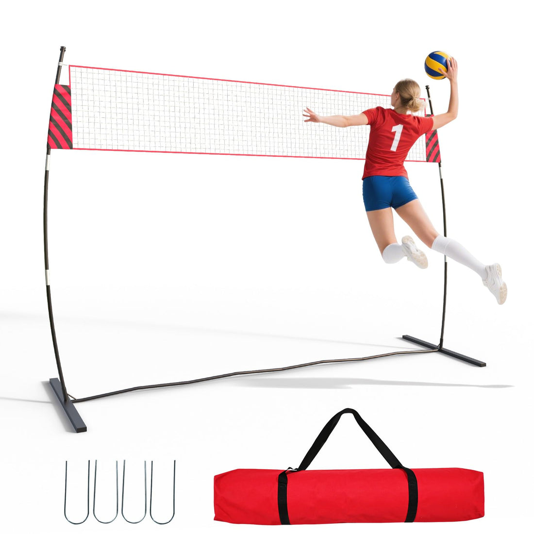 Garvee Filet de volley-ball 3,66m à hauteur réglable, portable, poteaux en fibre de verre, filet renforcé 3 couches, plage et jardin