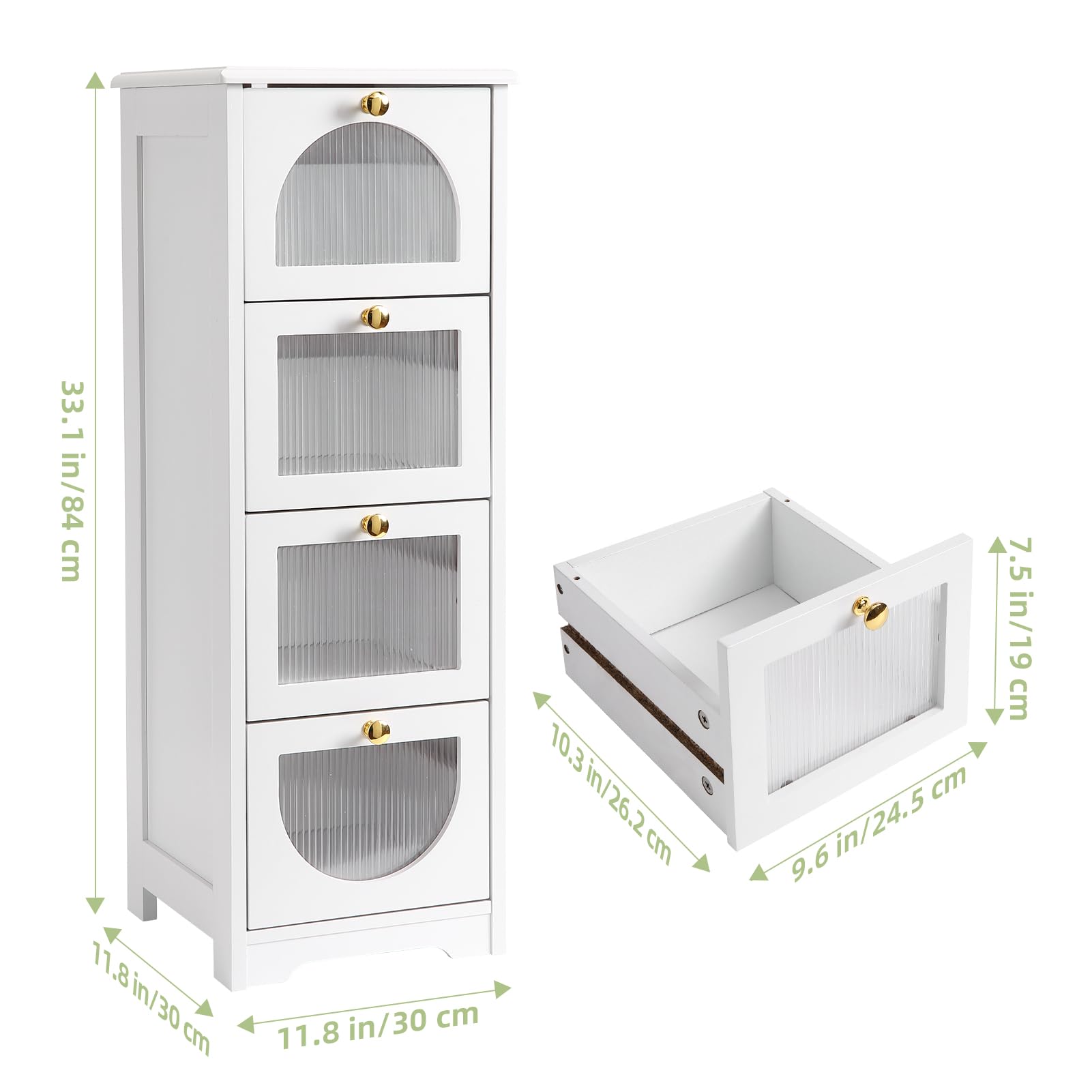 Meuble de salle de bain Garvee avec 4 tiroirs, imperméable, bois blanc, poignées dorées, compact pour salle de bain et salon, 30 x 30 x 84 cm