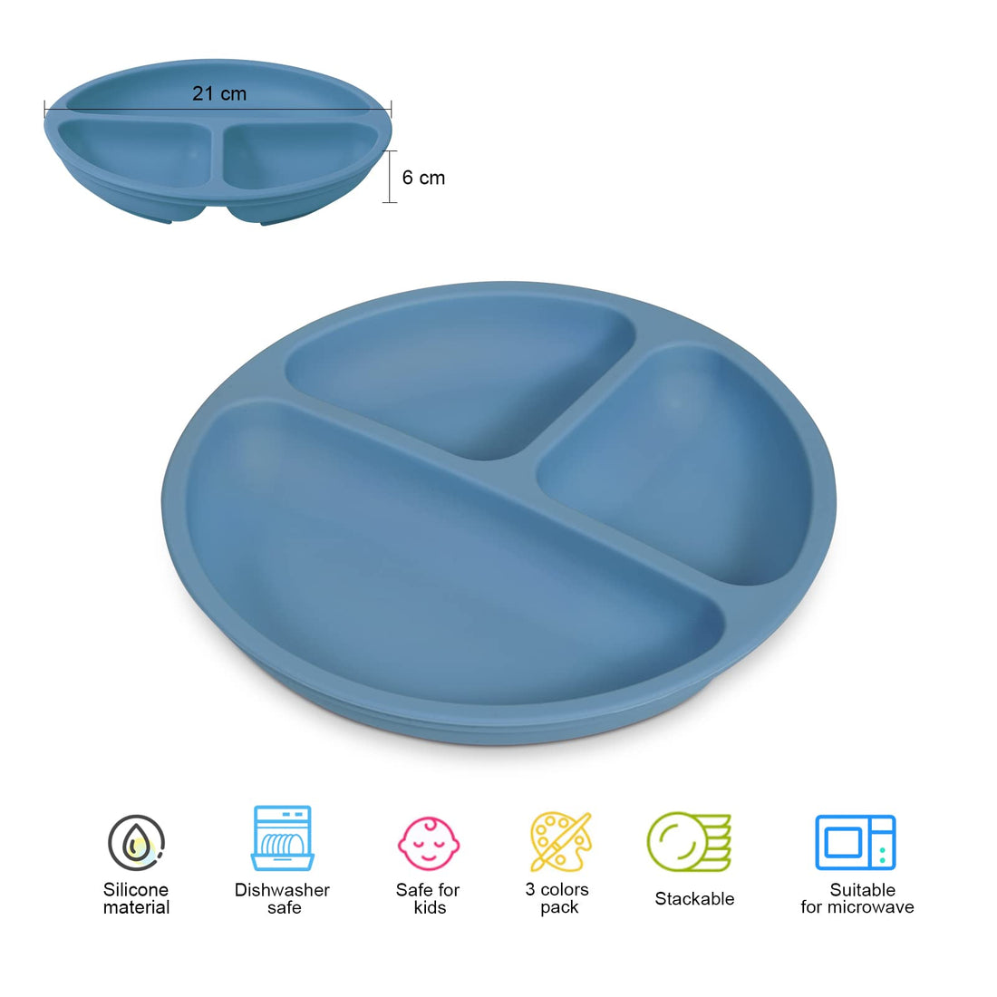 Assiettes en silicone Garvee Baby, sets de table antidérapants pour enfants avec ventouses, sans BPA, pour tout-petits, lot de 3, bleu, vert, gris