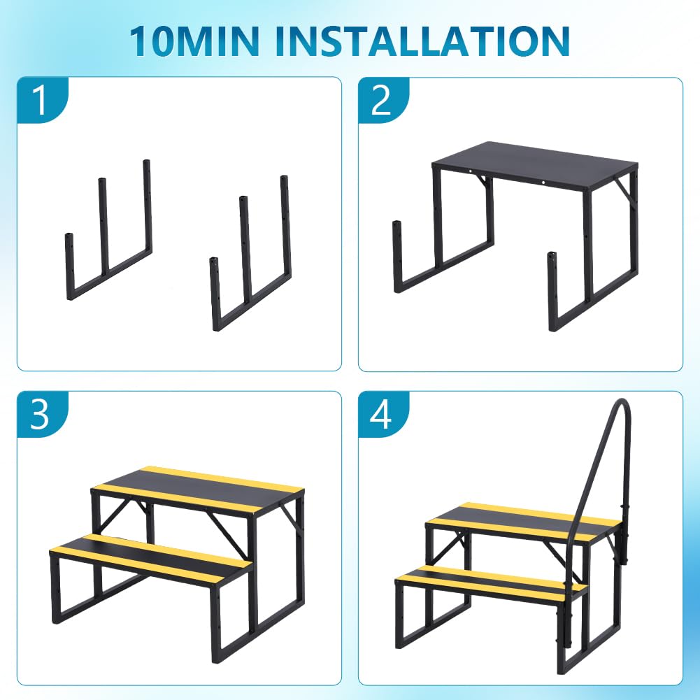 Garvee Escalier portable 2 marches avec rampe, bandes antidérapantes, pour camping-car, mobil-home, spa, caravane, piscine hors-sol, intérieur/extérieur