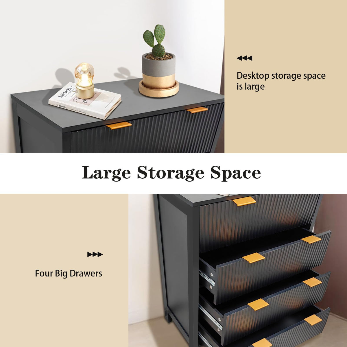 Garvee commode à 4 tiroirs, commode haute cannelée avec poignées en métal, noir, pour la chambre et le salon