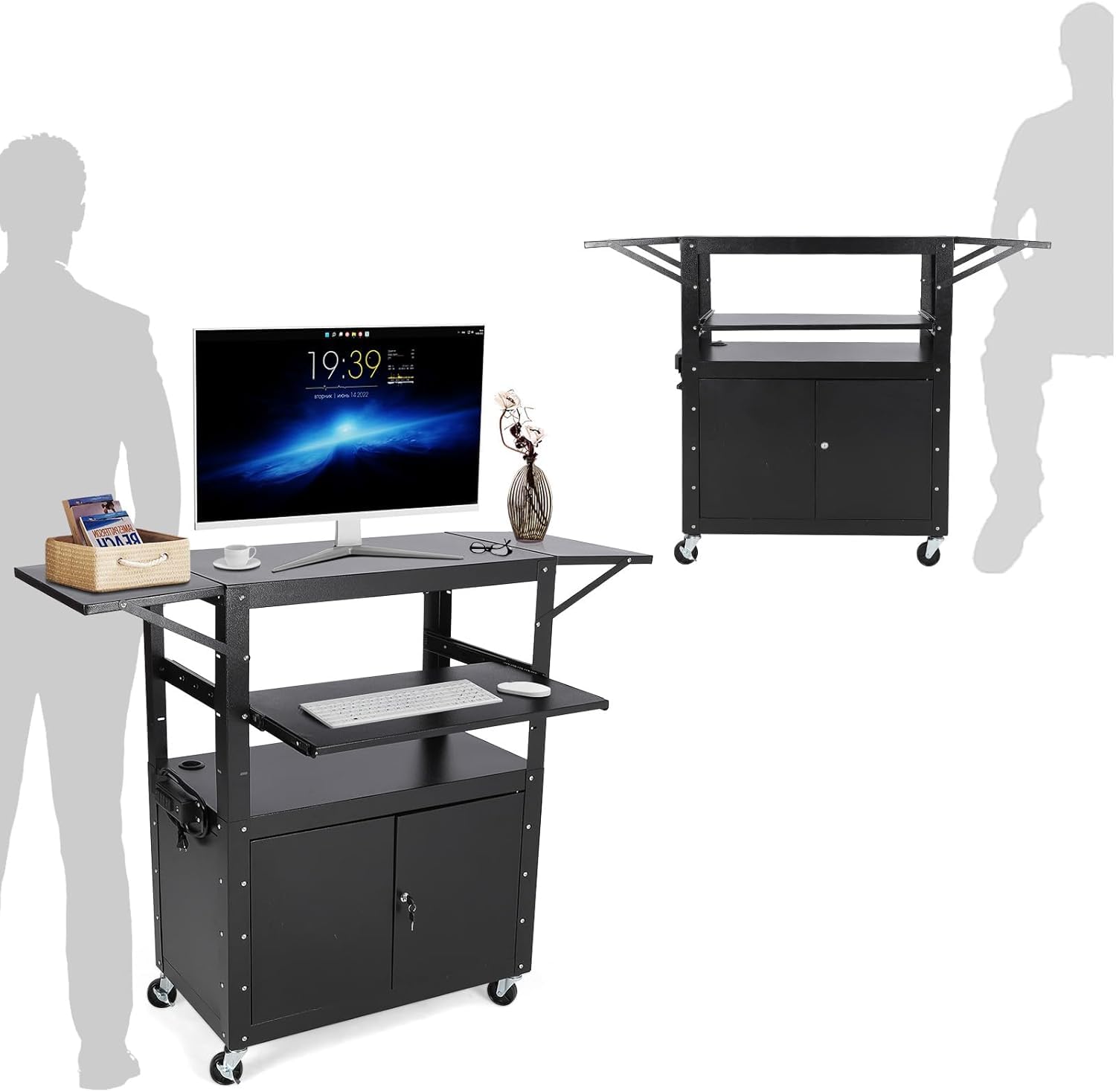 Chariot audiovisuel roulant Garvee avec armoire verrouillable, hauteur réglable, support pour ordinateur portable, acier, poste de travail mobile, espace de rangement, idéal pour les bureaux, noir