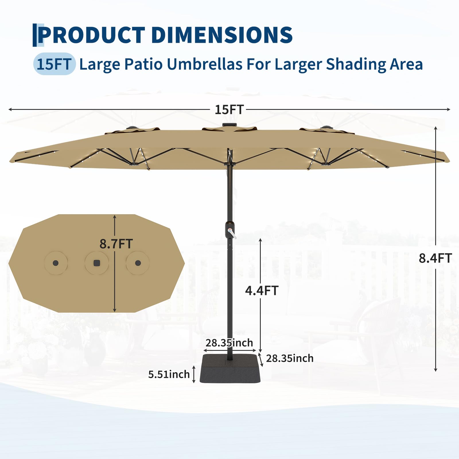 Garvee Parasol de Jardin 270 × 450 cm avec LED et Recharge Solaire, Protection UV, Toile Polyester Imperméable, Cadre en Fer Antirouille, Inclinaison Réglable