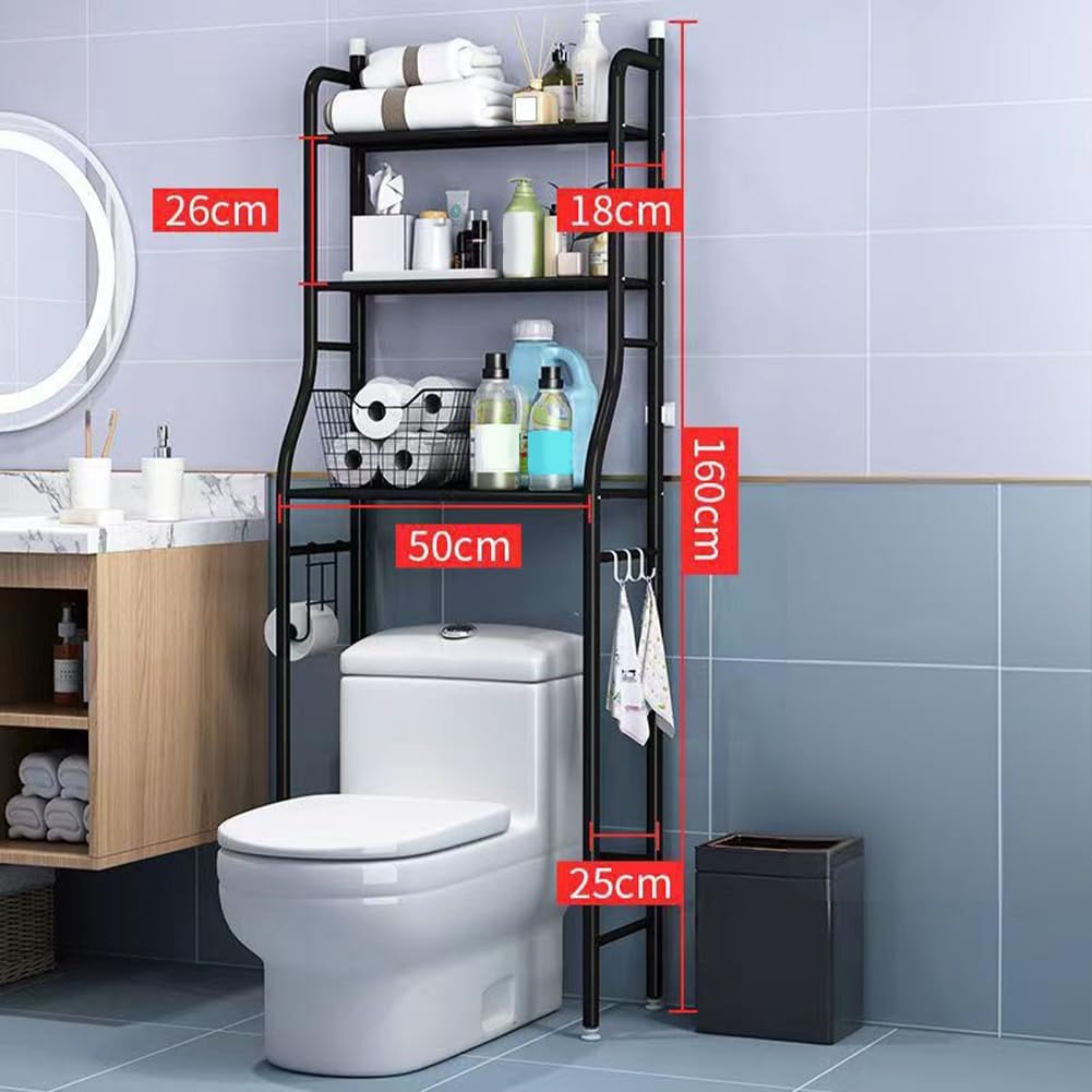 Étagère de salle de bain autoportante à 3 niveaux Garvee en métal avec crochets et porte-papier toilette pour salle de bain, toilettes et buanderie, noire, gain de place