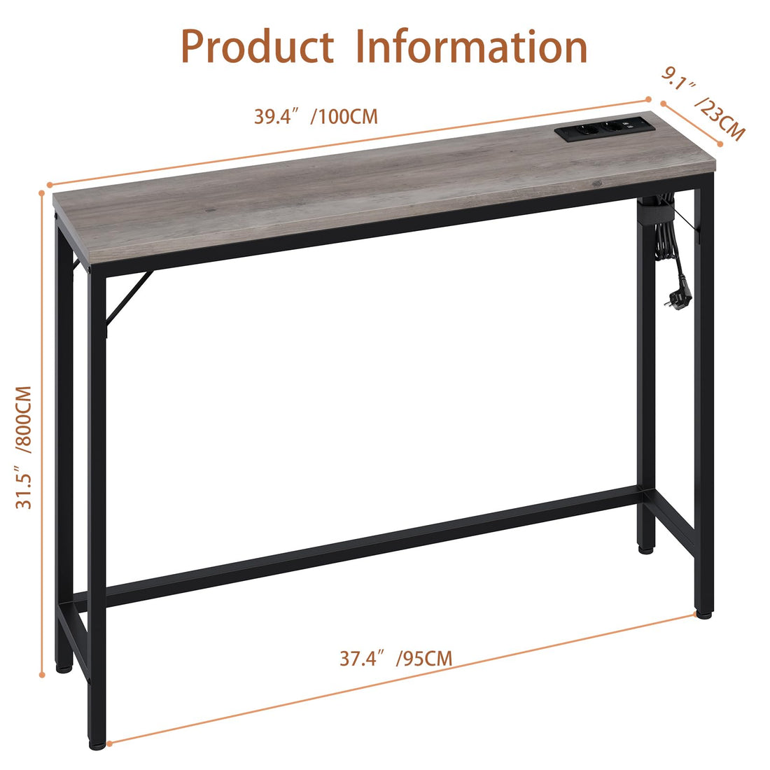 Console étroite GARVEE avec port USB, 100 x 23 x 80 cm, bois vieilli, marron et noir, pour entrée et salon