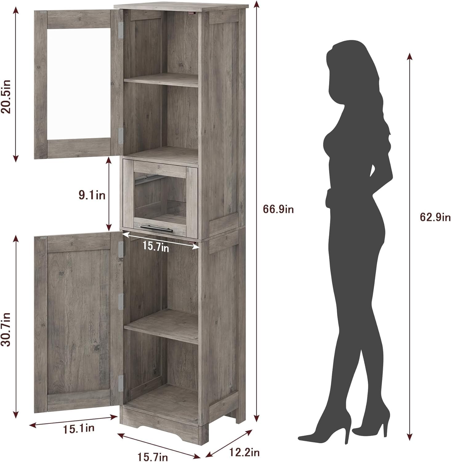 Meuble de salle de bain haut et étroit Garvee avec étagère réglable pour petits espaces, 170 cm, MDF, design moderne, portes vitrées, blanc
