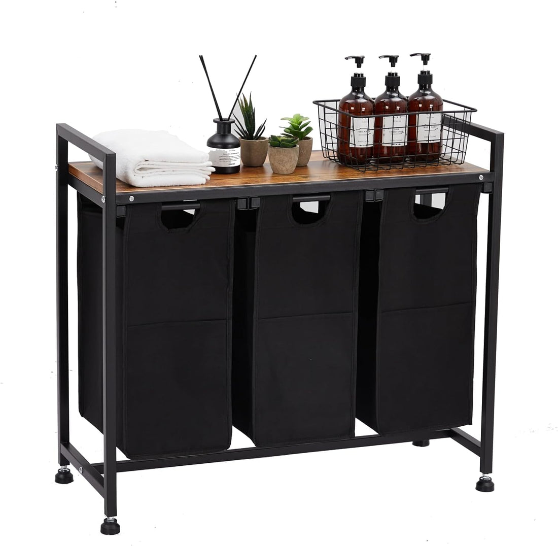 Panier à linge Garvee avec 3 poches amovibles, rangement pour salle de bain et chambre, 130 L, tissu Oxford et structure en bois et métal