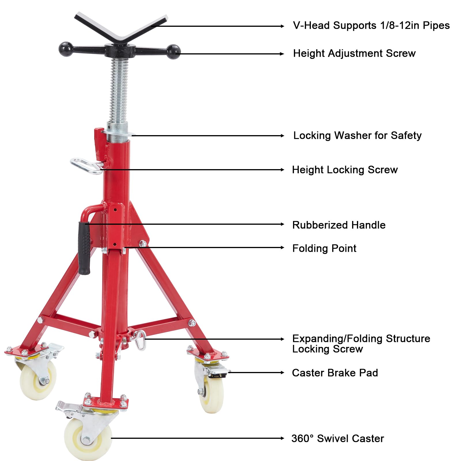 Support de tuyauterie Garvee avec tête en V, hauteur réglable de 71 à 132 cm, pliable, en acier, capacité de charge de 500 kg, avec roulettes, stable, pour le soudage, les ateliers et l'industrie